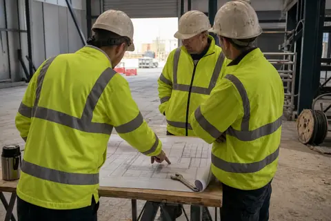 Drie mensen in hi-vis overleggen bij een uitgerolde technische tekening op een werktafel
