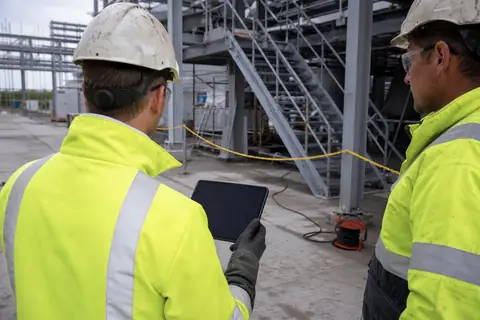 Twee mensen met helm en hi-vis tijdens een veiligheidsronde bij een stalen trappenhuis, een van hen met een tablet