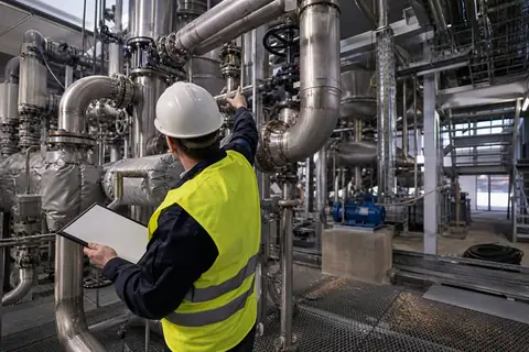 Supervisor met helm en hi-vis wijst een afsluiter aan in het roestvrijstalen leidingwerk van een procesinstallatie
