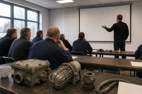 Docent voor een groep cursisten, met een explosieveilige aansluitkast en armatuur als lesmateriaal op tafel